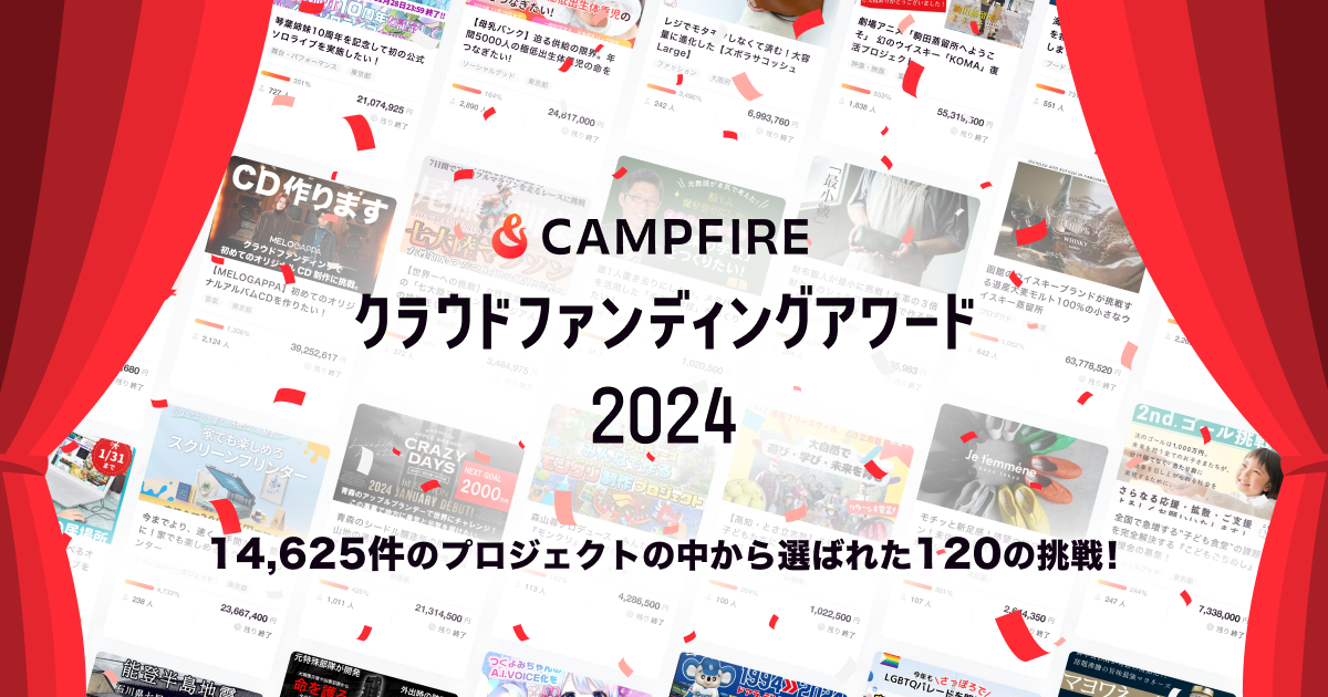 「「CAMPFIRE クラウドファンディング アワード2024」特設サイト公開！共感の輪が広がった120のプロジェクトがノミネート」のアイキャッチ画像