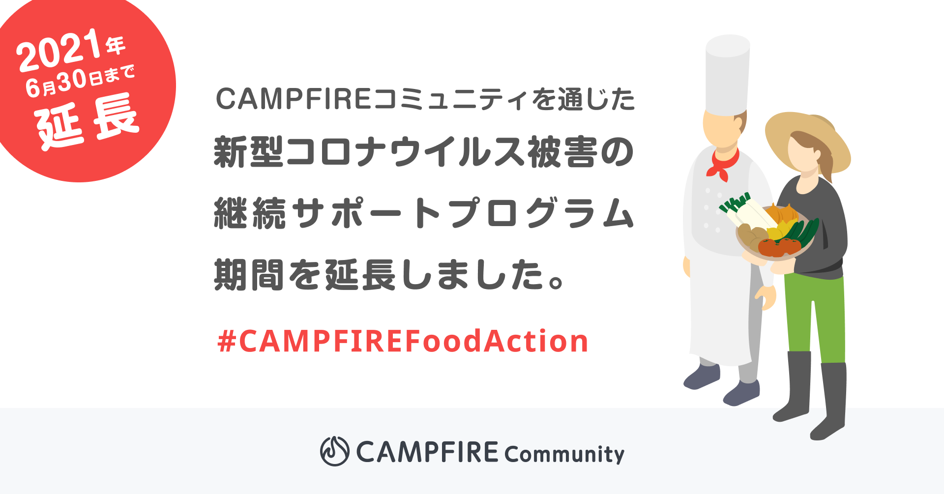「CAMPFIRE Community、生産者・飲食店舗などへの支援を強化。新型コロナウイルス被害 継続サポートプログラムの延長を決定。」のアイキャッチ画像